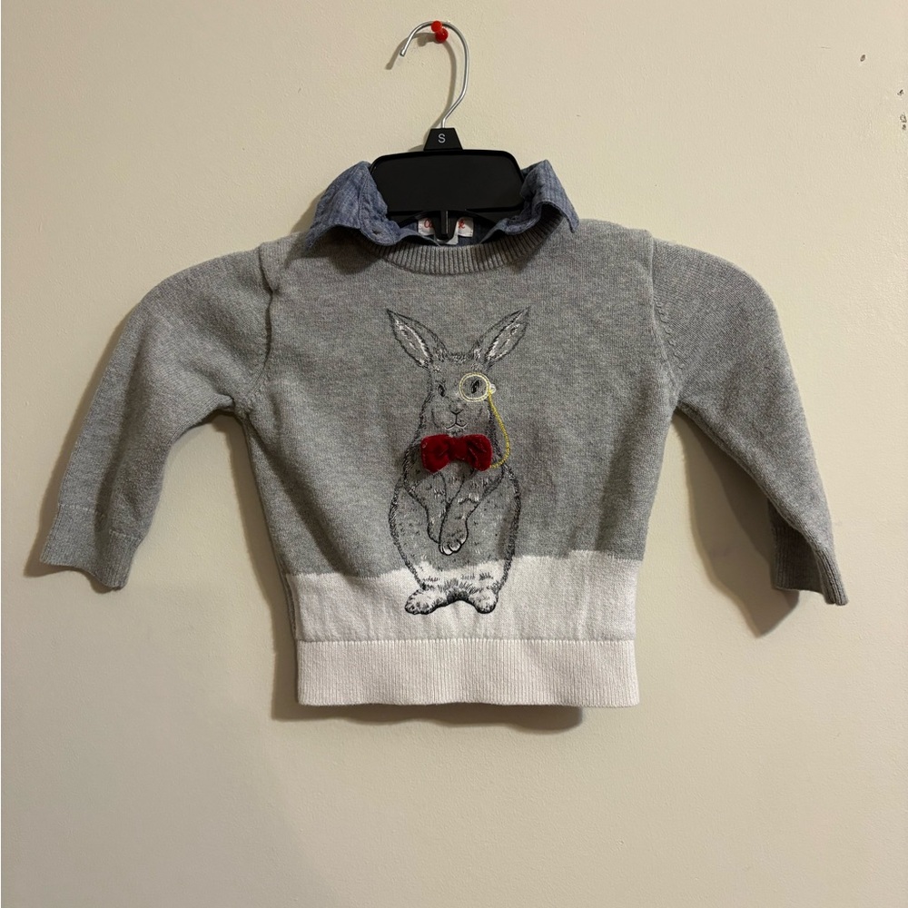 Cat & Jack Boys Gray Babys Sweater Bunny Red Bow Denim Collar‎ 18 Month